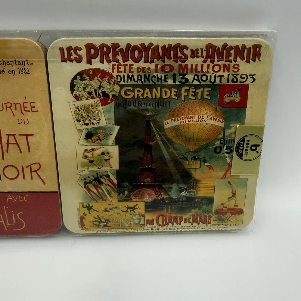 Benart Paris Vintage French Poster Cork Back Coasters Set of 6 Chat Noir‎ New